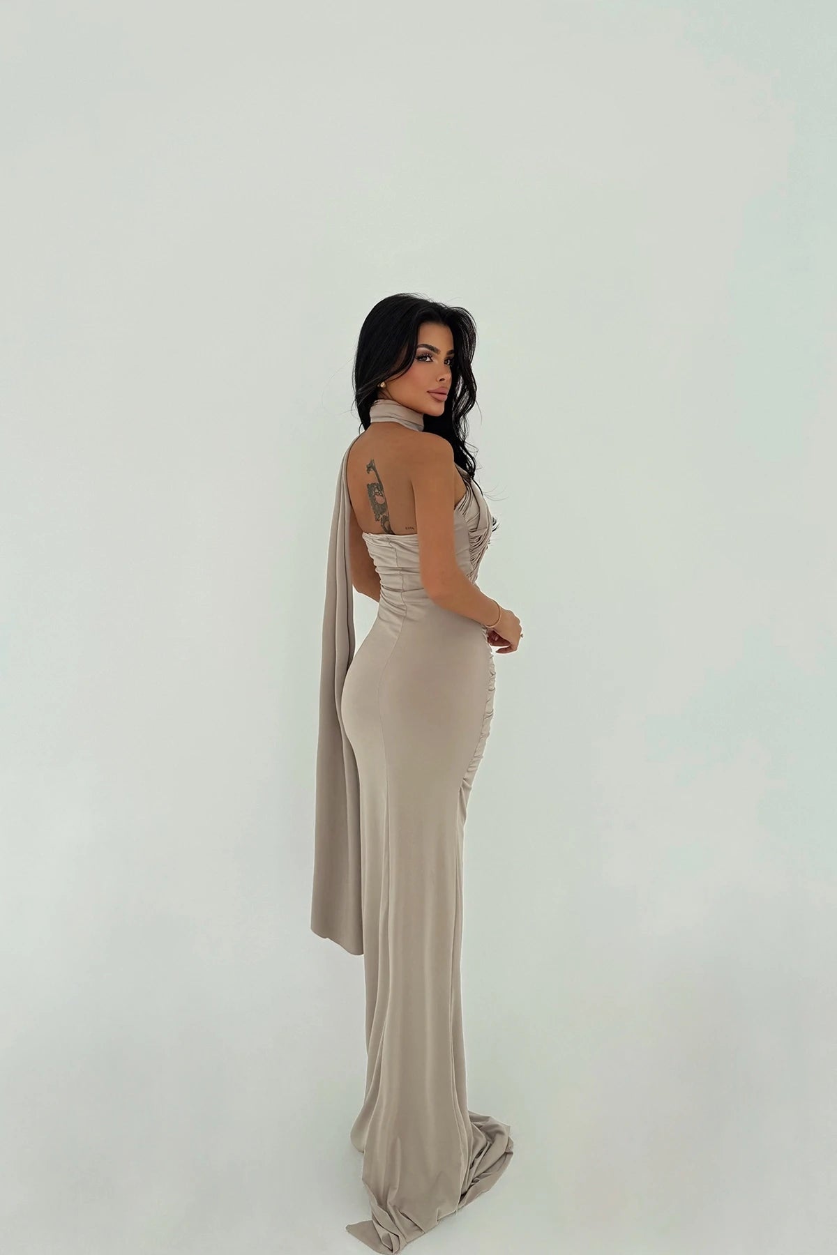 TAUPE DRAPED MAXI DRESS