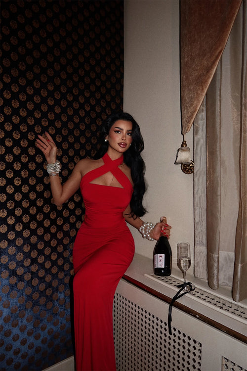 RED DRAPED MAXI DRESS